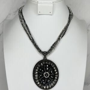Chico's Beaded Rhinestone Oval Pendant Necklace Gunmetal ✨